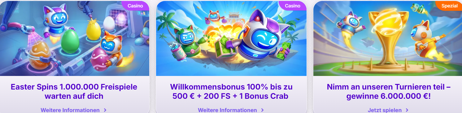 Three promotional cards featuring seasonal and ongoing casino offers: an Easter spins campaign with 1,000,000 free spins, a welcome bonus of 100% up to €500 + 200 free spins + bonus feature, and a tournament promotion with prizes up to €6,000,000.