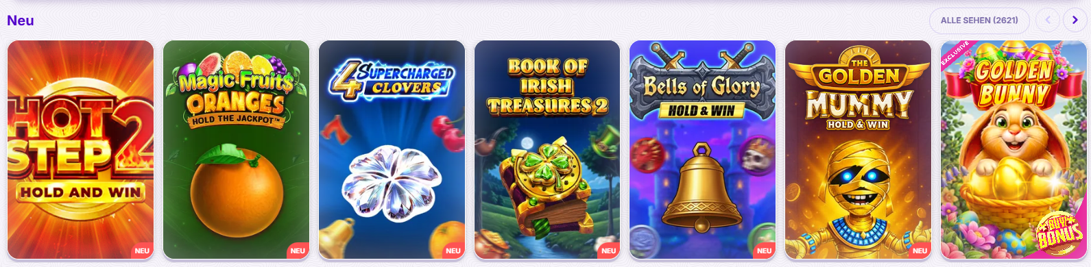 New slot games carousel (“Neu”) featuring titles like Hot Step 2, Magic Fruits Oranges, Supercharged Clovers, Book of Irish Treasures 2, Bells of Glory, The Golden Mummy, and Golden Bunny, each displayed as colorful game cards with “NEW” tags.